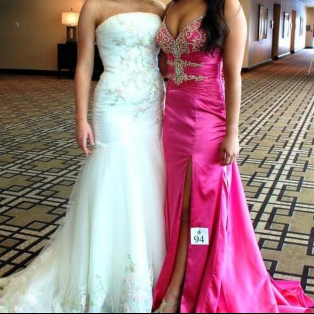 Custom Terani Couture Hot Pink Pageant Gown Hand Beaded Formal Dress Slit Train